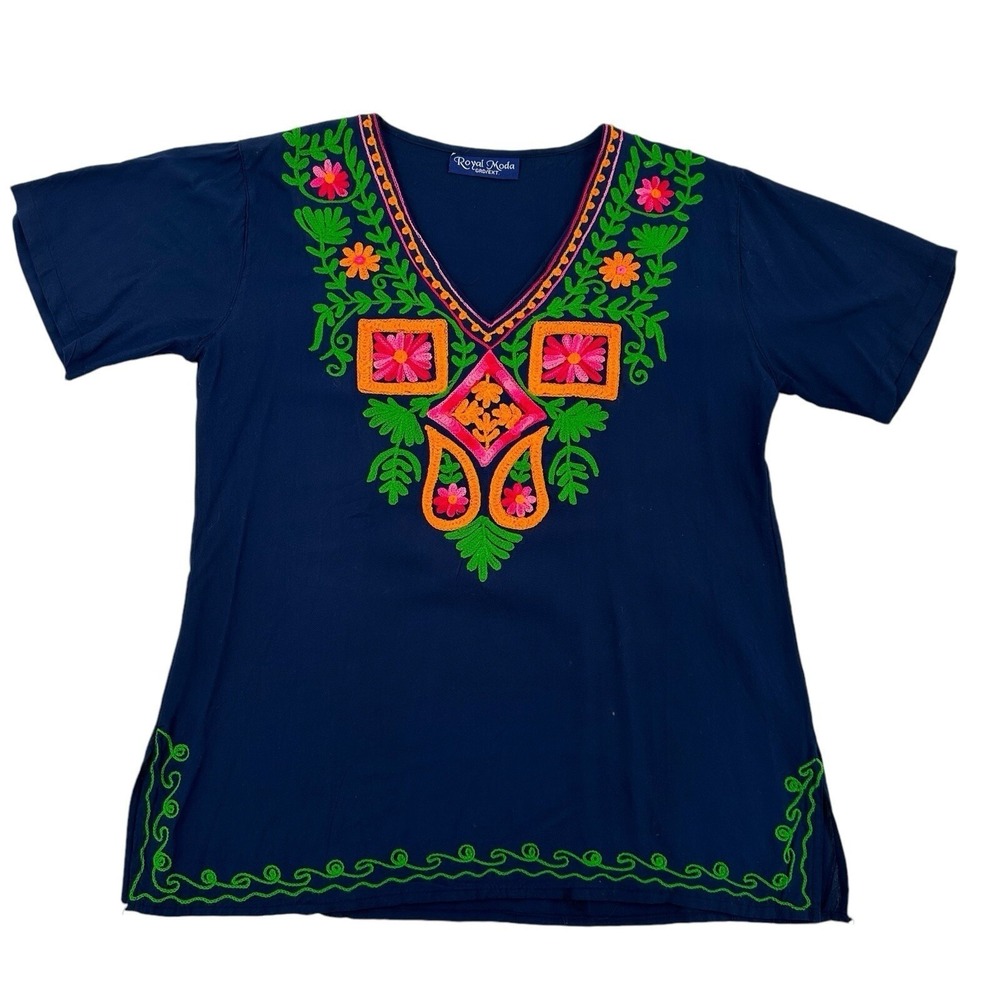 Royal Moda Navy Blue Embroidered V-Neck Viscose Blouse Womens XL Short Sleeve